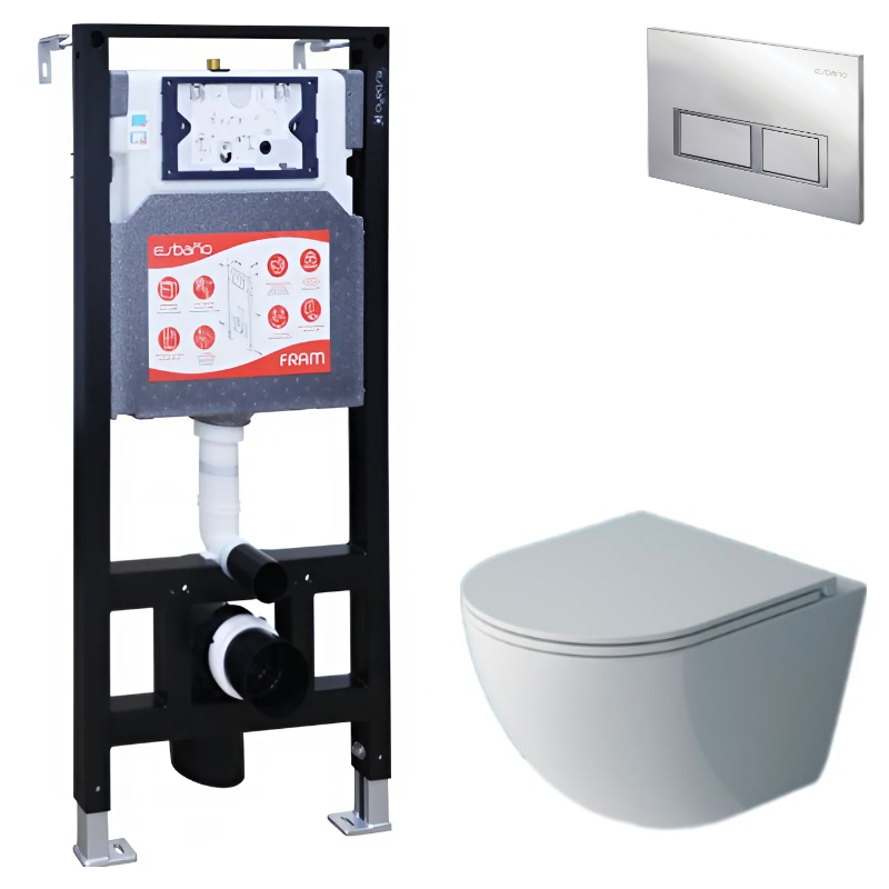 Комплект Унитаз подвесной Esbano Gardena-49T + Инсталляция Fram + Кнопка Хром глянцевый