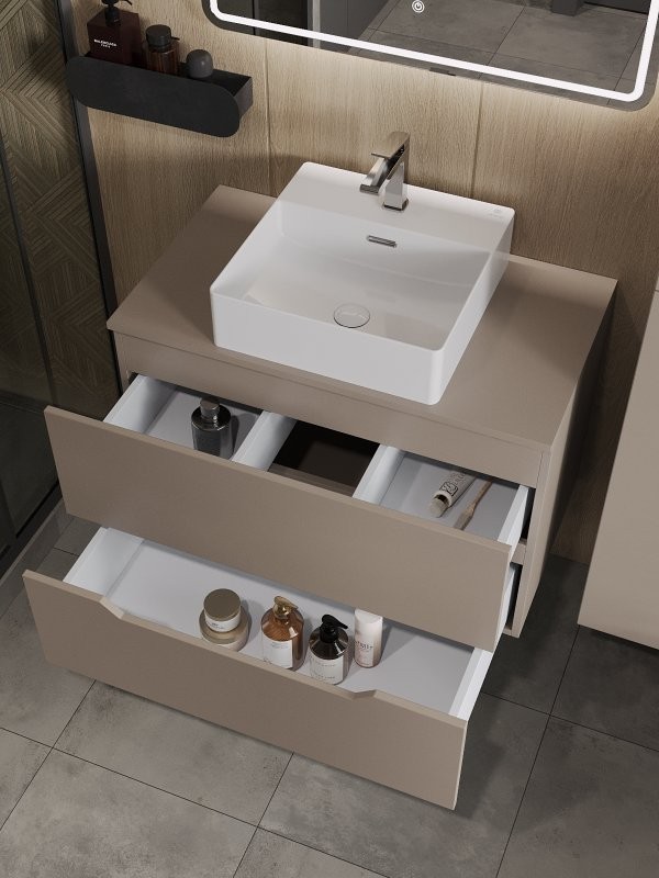 Тумба с раковиной Orange Line 80 подвесная, 2 ящика, матовый латте с раковиной B04-405W