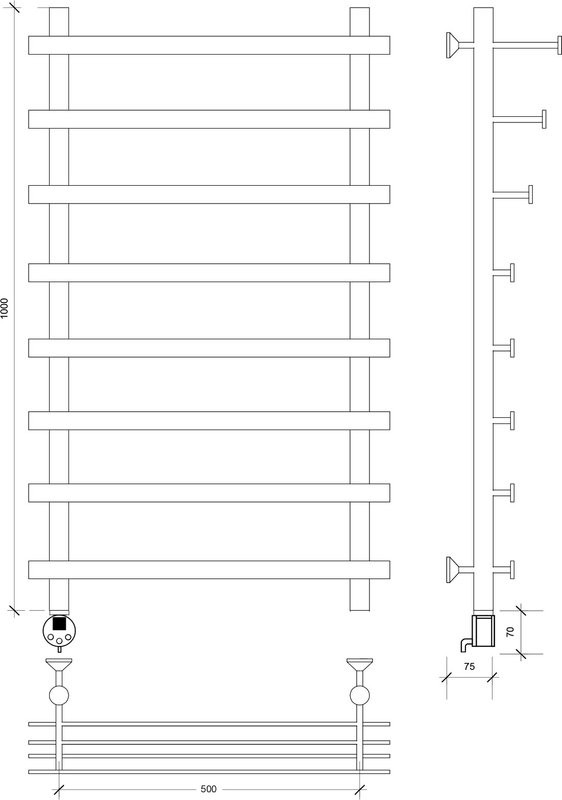 Полотенцесушитель электрический Secado Понтида 7 СП, L 100x60 см, подключение слева, матовый черный, лесенка, с полкой