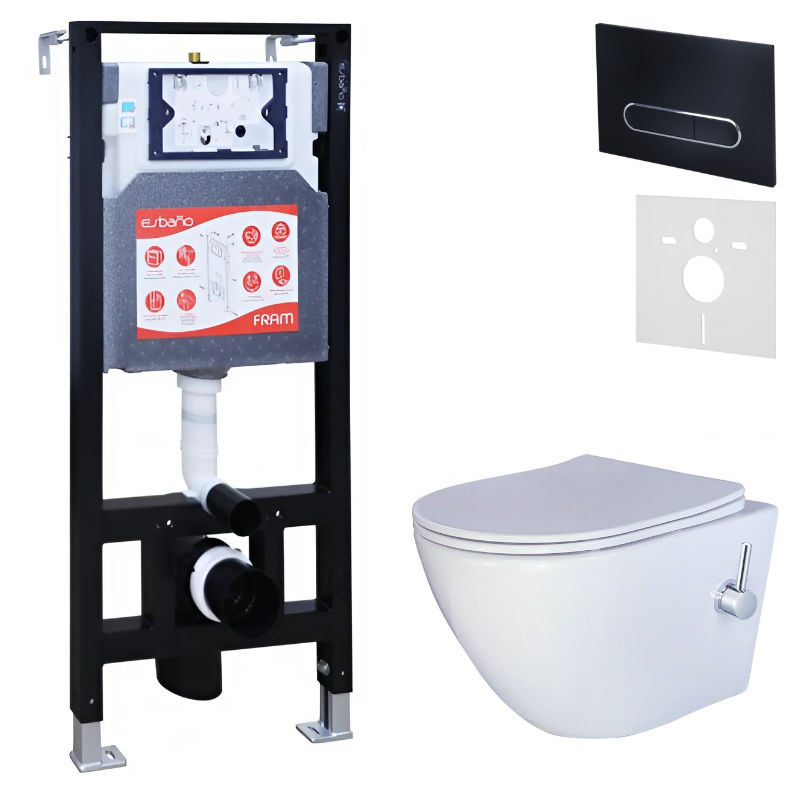 Комплект 3 в 1 Унитаз подвесной Esbano ESWBTERUWN + Инсталляция Fram + Кнопка ESINOVL17MB цвет матовый черный