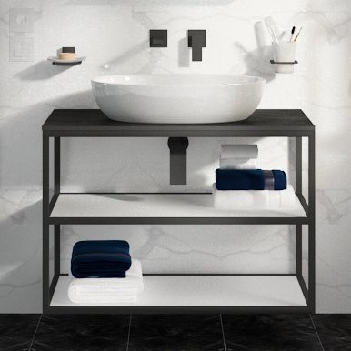 Консоль Cezares Cadro 100 2-х ярусная, подвесная, белые полки, со столешницей и раковиной BB1348