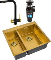 Комплект Мойка Zorg Inox PVD SZR-59-2-51-R BRONZE R, бронза + Смеситель Sanitary ZR 348 YF BLACK BRONZE + Измельчитель Bort Master Eco