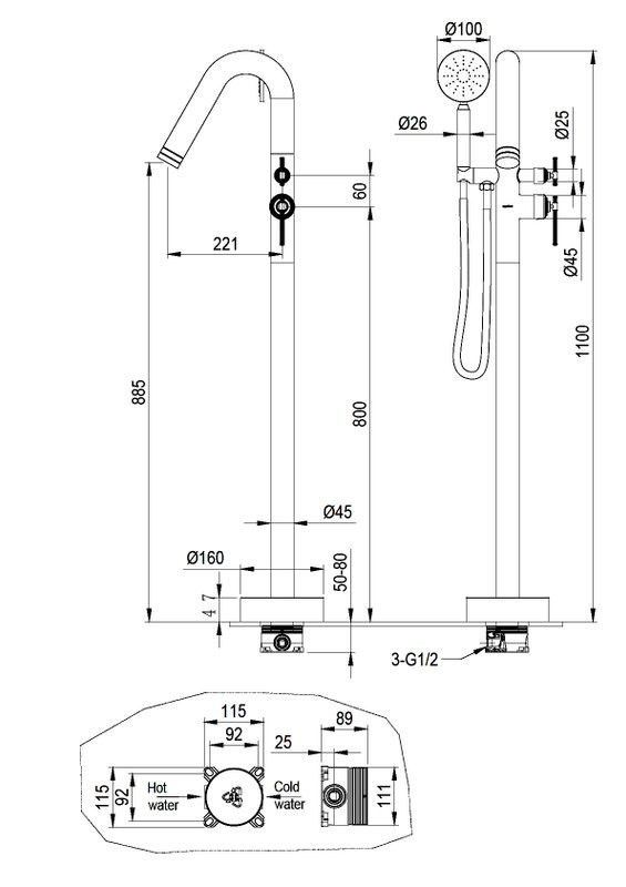 Напольный смеситель для ванны с душем Boheme Eterna 179-G С ВНУТРЕННЕЙ ЧАСТЬЮ, gold