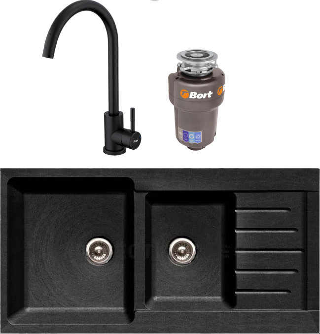 Комплект Мойка GranFest Practik P-980 KL черный + Смеситель Frap F40899-4 черный + Измельчитель Bort Titan Max Power FullControl