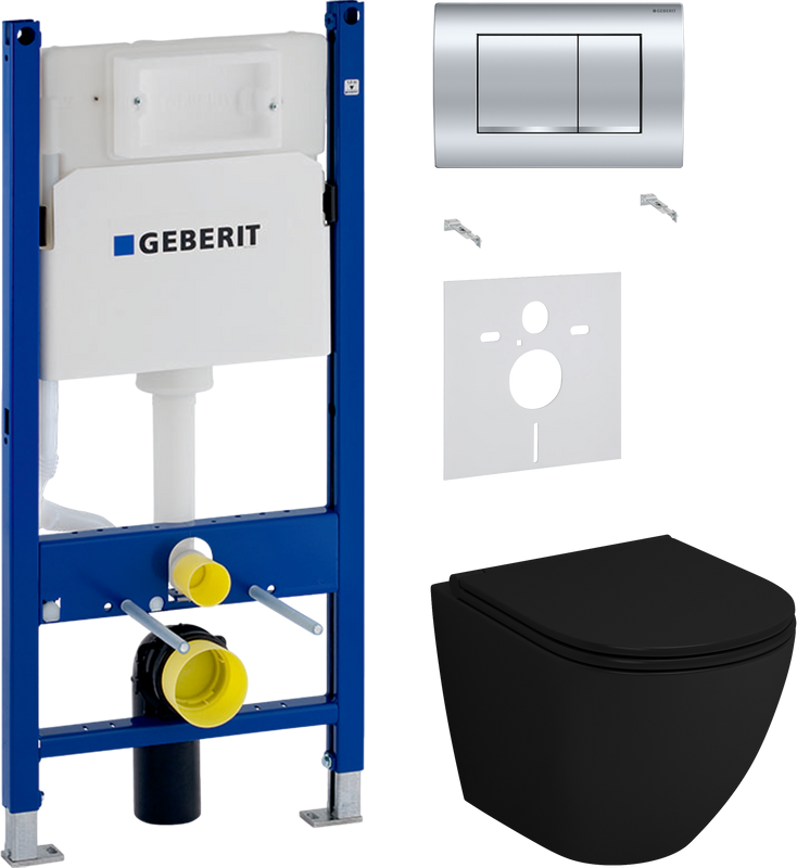 Комплект Унитаз подвесной Grossman GR-4455BMS безободковый + Звукоизоляция Geberit + Инсталляция Duofix Delta 458.163.21.1 с кнопкой смыва, хром