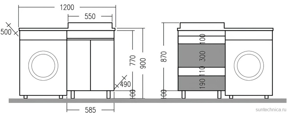 Тумба с раковиной СаНта Марс 59 R напольная, с дверками, для стиральной машины