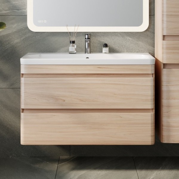 Тумба с раковиной Style Line Атлантика 100 Люкс Plus, подвесная, ясень перламутр