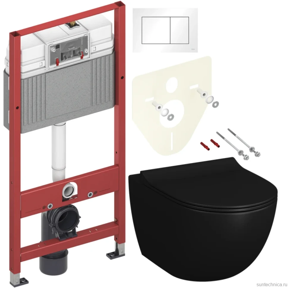 Комплект Унитаз подвесной VitrA Sento 7748B083-0101 безободковый + Крышка 120-483-009 с микролифтом, матовая черная + Инсталляция TECE Base 9400413 4 в 1 с кнопкой смыва