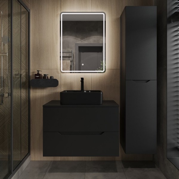 Мебель для ванной комнаты Orange Line 80 подвесная, 2 ящика, матовая черная с раковиной B01-475mb