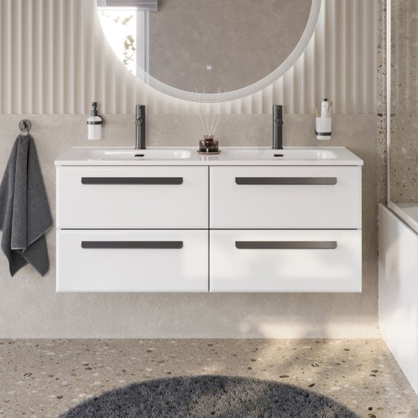 Тумба с раковиной Cezares Eco Cer-N 120 4 ящика, bianco lucido, раковина Duet 120, двойная, ручки матовые черные