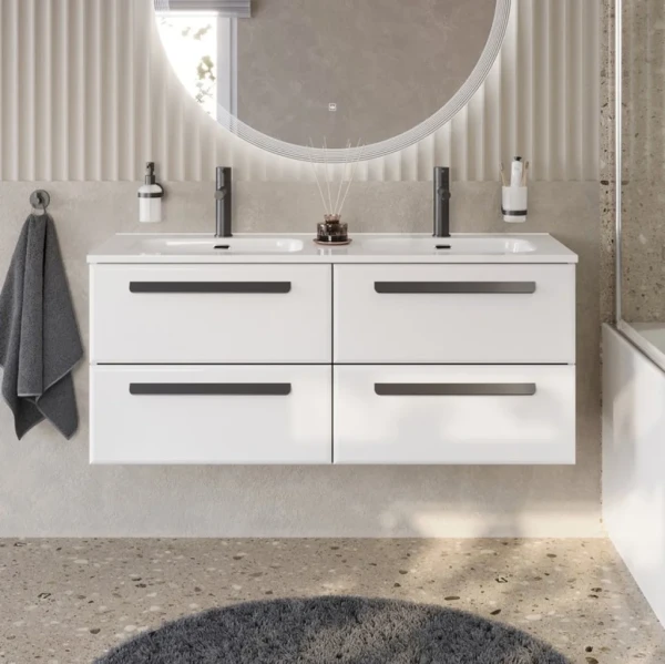 Тумба с раковиной Cezares Eco Cer-N 120 4 ящика, bianco lucido, раковина Duet 120, двойная, ручки матовые черные