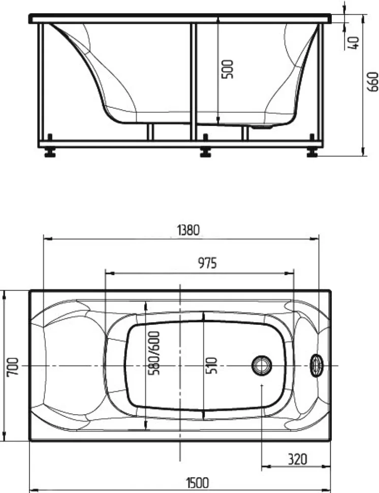 Акриловая ванна AQUATEK Альфа ALF150-0000043 150x70 см, левая, пристенная, белая, с каркасом, с экраном, со сливом-переливом, слив справа