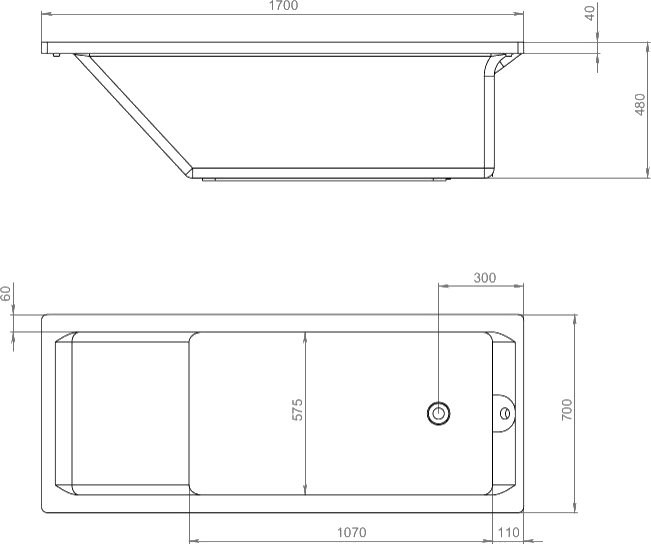 Акриловая ванна EUROLUX Qwatry 170x70 см, пристенная, белая, с каркасом