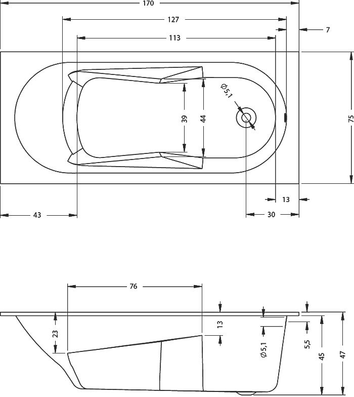 Акриловая ванна Riho Bathtubs Lazy 170x75 см, левая, пристенная, eurowhite, на ножках, со сливом-переливом