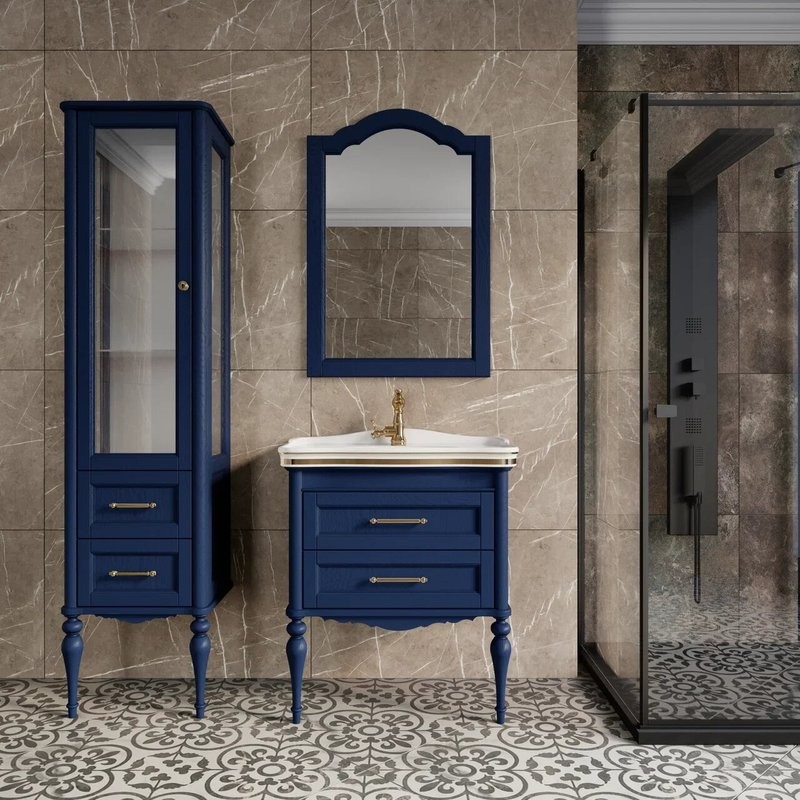 Тумба с раковиной ValenHouse Эстетика 80, синяя, подвесная, ручки золото