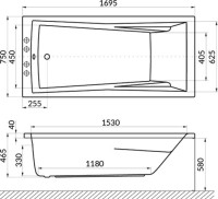 Акриловая ванна WHITECROSS Palace Smart 170x75 см, встраиваемая, с гидромассажем, белый глянец, с каркасом, со сливом-переливом, фурнитура бронза