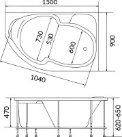 Акриловая ванна 1MarKa Diana R 150x90 см, угловая, правая, пристенная, белая, асимметричная, с каркасом