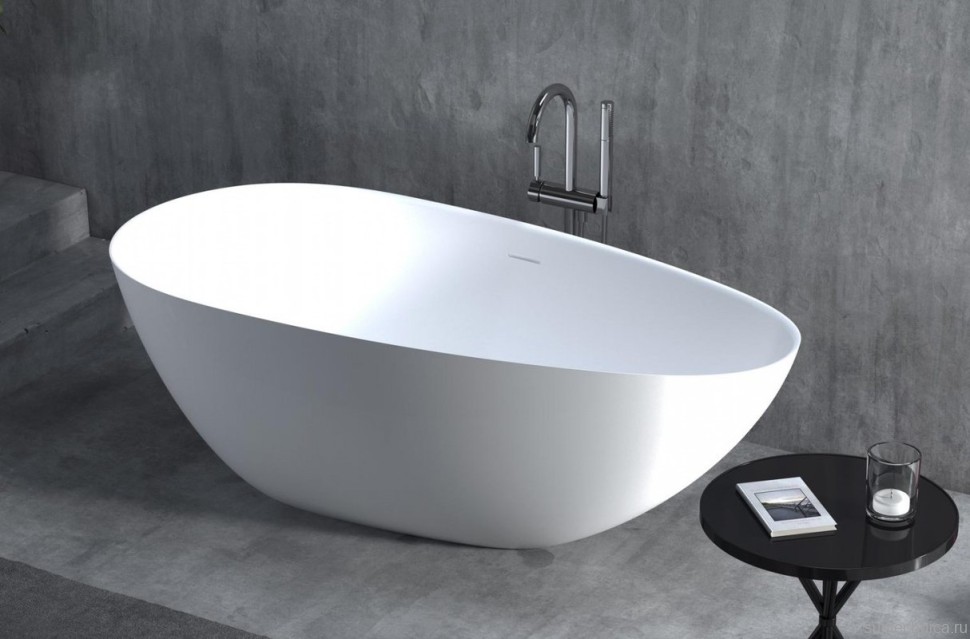 Ванна из искусственного камня Salini Paola In S-Stone 160x75 см, отдельностоящая, матовая белая, овальная, со сливом-переливом, с донным клапаном