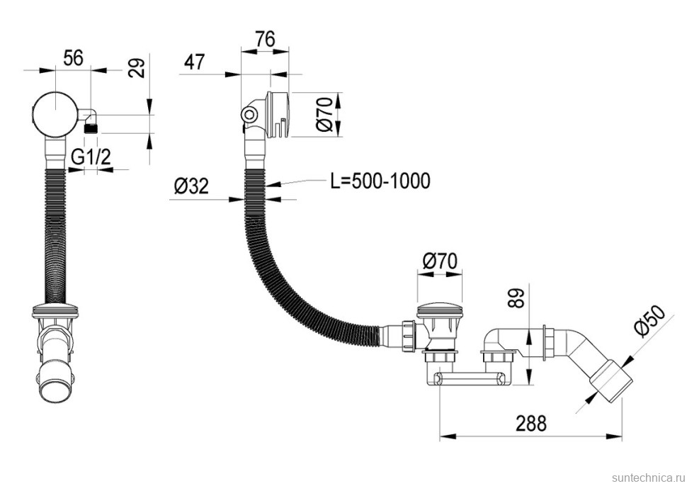 Слив-перелив для ванны Boheme 631-BR 50 мм, клик-клак, bronze, с сифоном