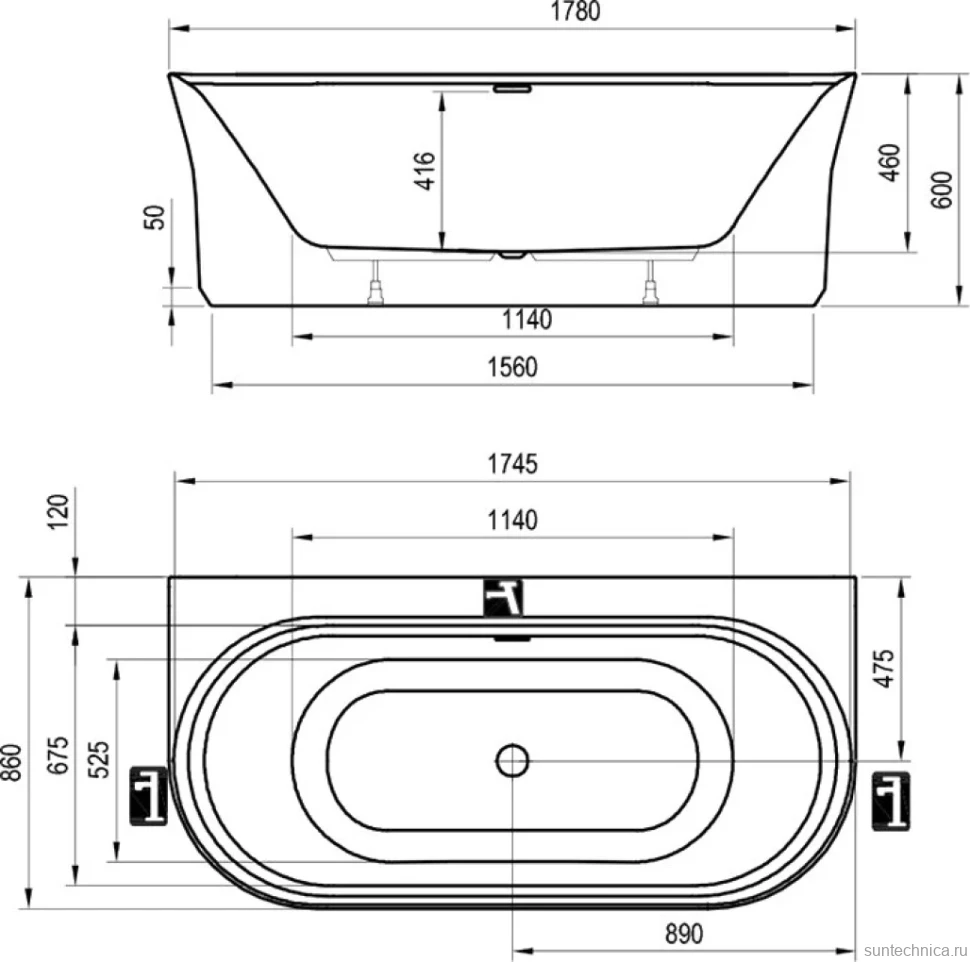 Акриловая ванна Ravak Ypsilon W 180x85 см, пристенная, белая, овальная, на ножках, со сливом-переливом, фурнитура черная