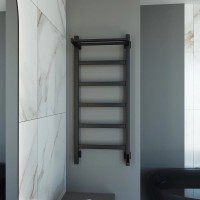 Полотенцесушитель электрический Grota Lore 430х1000 RAL9005 EL 100x45 см, подключение справа, слева, скрытое подключение справа, матовый черный, лесенка, из стали, с полкой