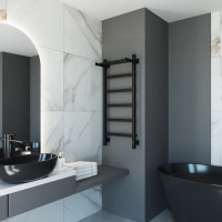 Полотенцесушитель электрический Grota Lore 430х1000 RAL9005 EL 100x45 см, подключение справа, слева, скрытое подключение справа, матовый черный, лесенка, из стали, с полкой