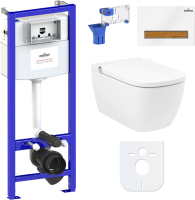 Комплект Lavinia Boho Унитаз подвесной Smart V-Clean 3359101R безободковый, с микролифтом + Инсталляция RelFix 38010010 + Кнопка RelFix 38050603 белая, светлое дерево + Дозатор RelFix 38040010