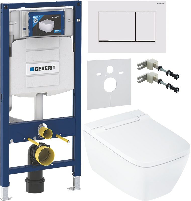 Комплект Умный унитаз Geberit AquaClean Sela Square безободковый, с биде, белый + Инсталляция Duofix UP 320 111.300.00.5 + Кнопка Sigma 30 115.883.JT.1 белая матовая, хром глянцевый + Звукоизоляция + Крепления 111.815.00.1 к стене