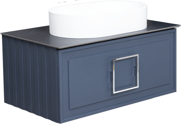 Тумба с раковиной La Fenice Cubo 80 подвесная, синяя, ручка хром, столешница черный мрамор, раковина матовая белая