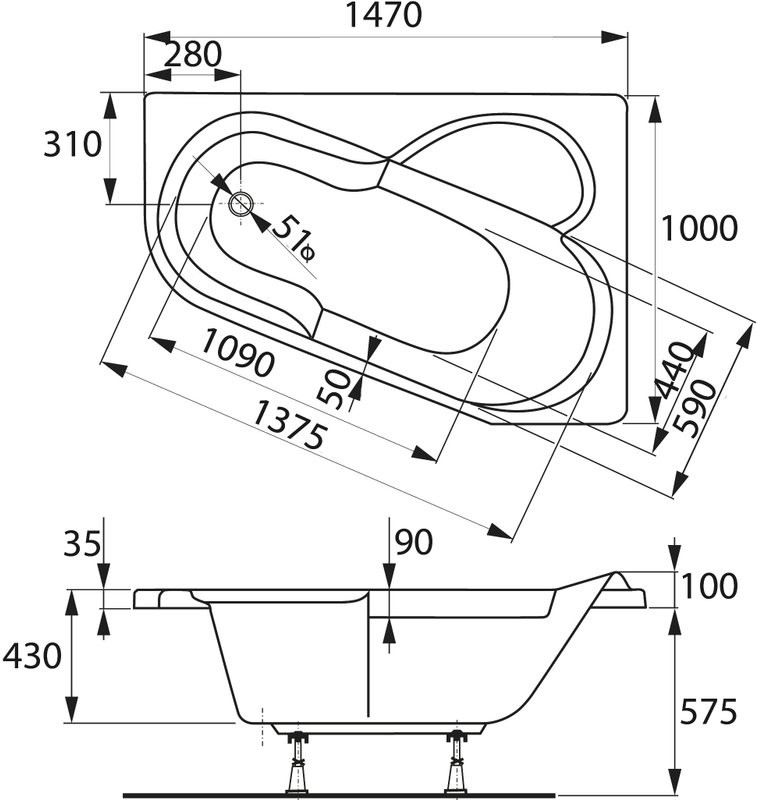 Акриловая ванна Vagnerplast Selena R 145x100 см, угловая, правая, встраиваемая, белая, асимметричная, с каркасом