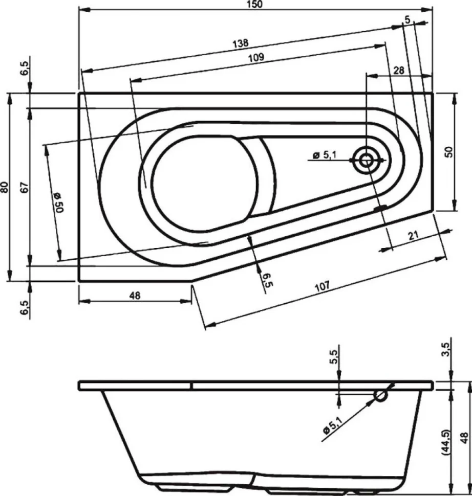 Акриловая ванна Riho Delta R 150x80 см, угловая, правая, пристенная, белая, пятиугольная, на ножках, со сливом-переливом