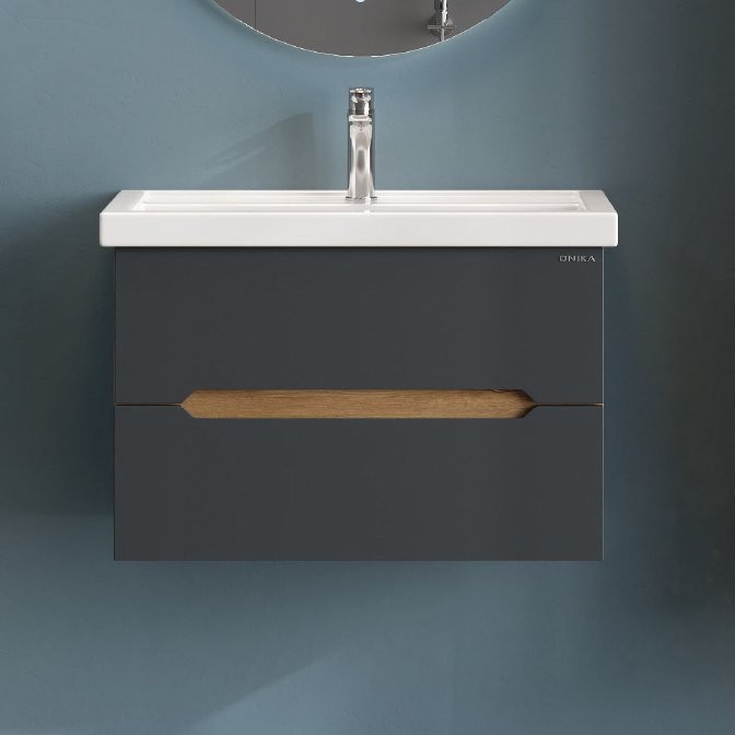 Тумба под раковину без столешницы Onika Айленд 70 подвесная, графит, дуб крафт золотой