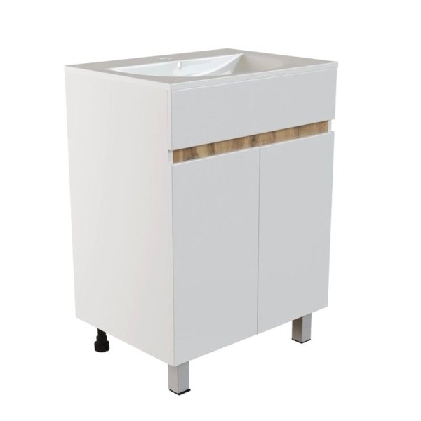 Тумба с раковиной Mixline Брикс 60 2 дверцы, глянцевая белая, дуб вотан, раковина Breeze 60