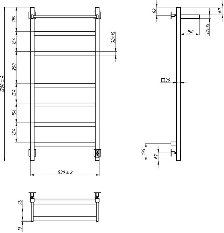 Полотенцесушитель электрический Grota Tela 530х1200 NP EL 120x55 см, подключение справа, слева, скрытое подключение справа, глянцевый хром, лесенка, с полкой