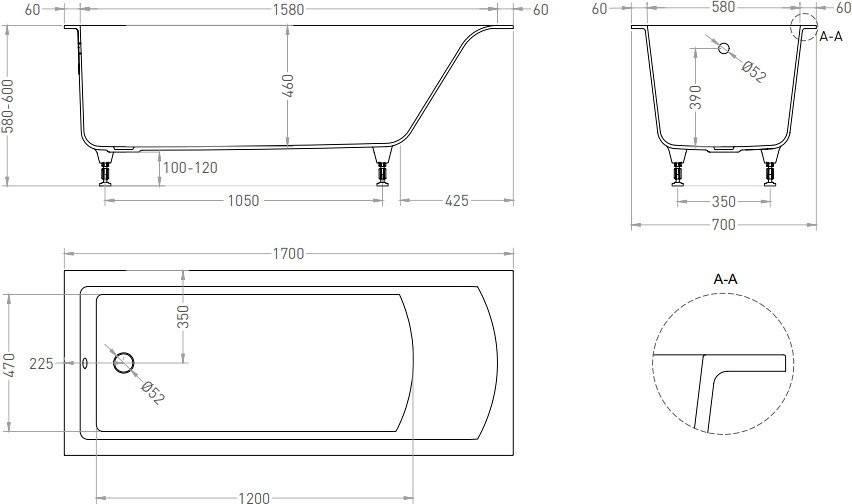 Ванна из искусственного камня Salini Cascata S-Sense 170x70 см, встраиваемая, белая, на ножках