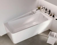 Акриловая ванна 1MarKa Direct R Премиум 170x100 см, угловая, правая, пристенная, белая, асимметричная, с каркасом, с экраном, с сиденьем, со сливом-переливом
