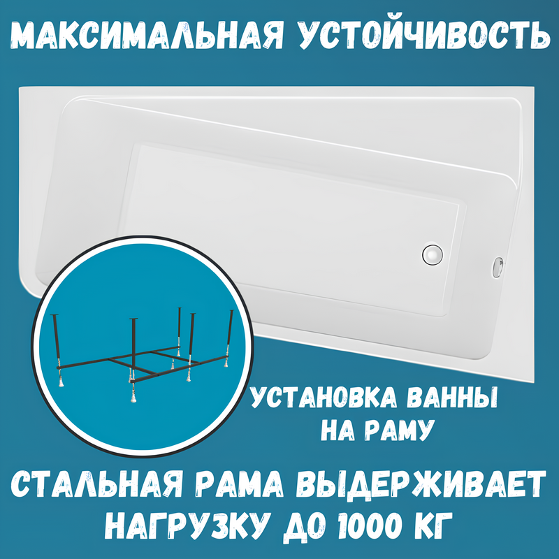 Акриловая ванна 1MarKa Direct R Премиум 170x100 см, угловая, правая, пристенная, белая, асимметричная, с каркасом, с экраном, с сиденьем, со сливом-переливом