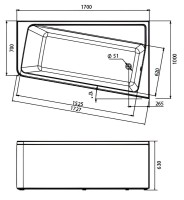 Акриловая ванна 1MarKa Direct R Премиум 170x100 см, угловая, правая, пристенная, белая, асимметричная, с каркасом, с экраном, с сиденьем, со сливом-переливом