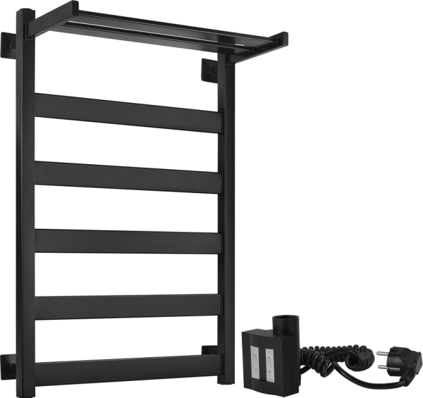 Полотенцесушитель электрический Secado Комано 1 СП , 85x55 см, подключение слева, матовый черный, лесенка, с полкой