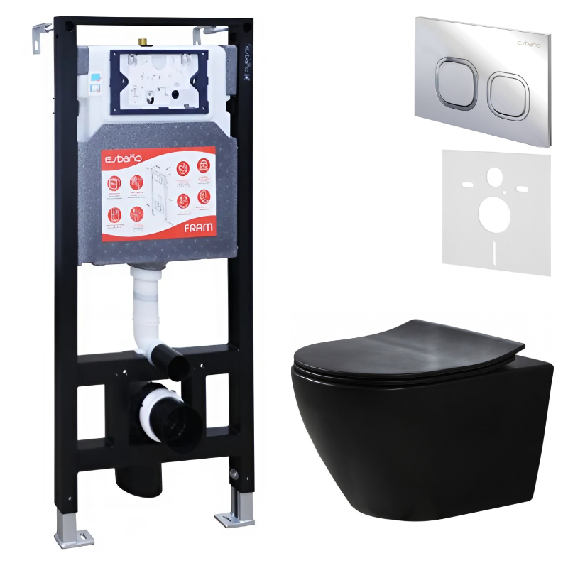 Комплект Унитаз подвесной Esbano Amapola ESUPAMAPBM матовый черный + Инсталляция Fram + Кнопка ESINLPS10SC
