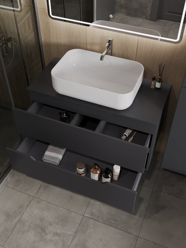 Мебель для ванной комнаты Orange Line 100 подвесная, 2 ящика, матовый графит с раковиной B03-600W