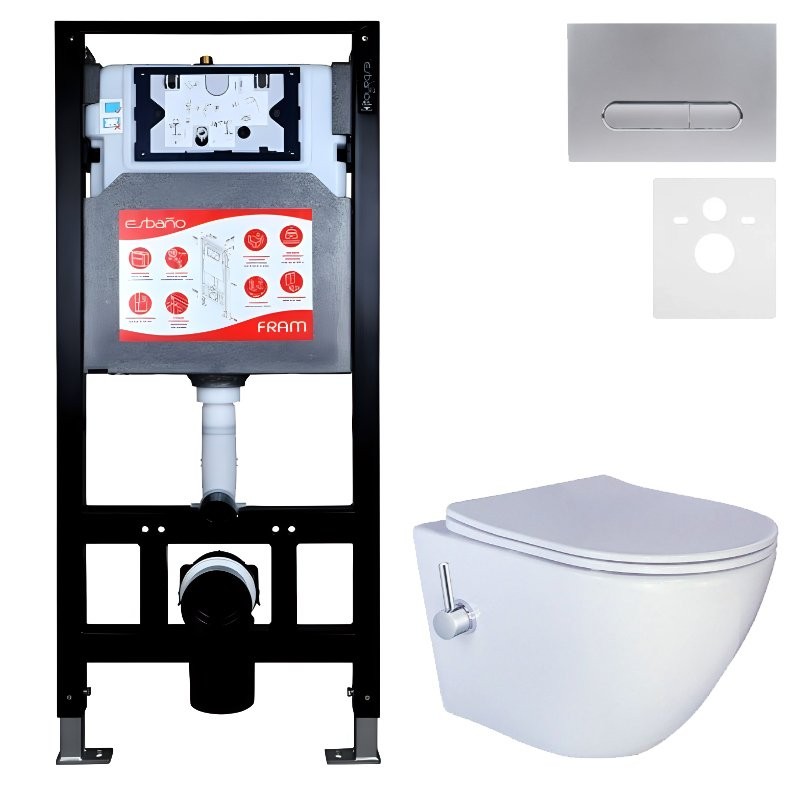 Комплект 3 в 1 Унитаз подвесной Esbano ESWBTERUWN + Инсталляция Fram + Кнопка ESINOVL17MC цвет матовый хром