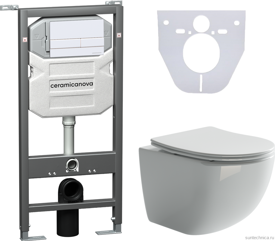 Комплект Унитаз подвесной Ceramicanova Forma CN3009 безободковый, с микролифтом + Инсталляция Envision CN1002W + Кнопка Flat, белая