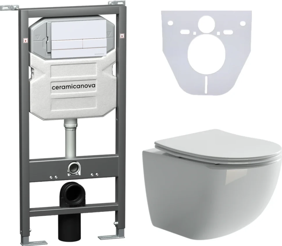 Комплект Унитаз подвесной Ceramicanova Forma CN3009 безободковый, с микролифтом + Инсталляция Envision CN1002W + Кнопка Flat, белая