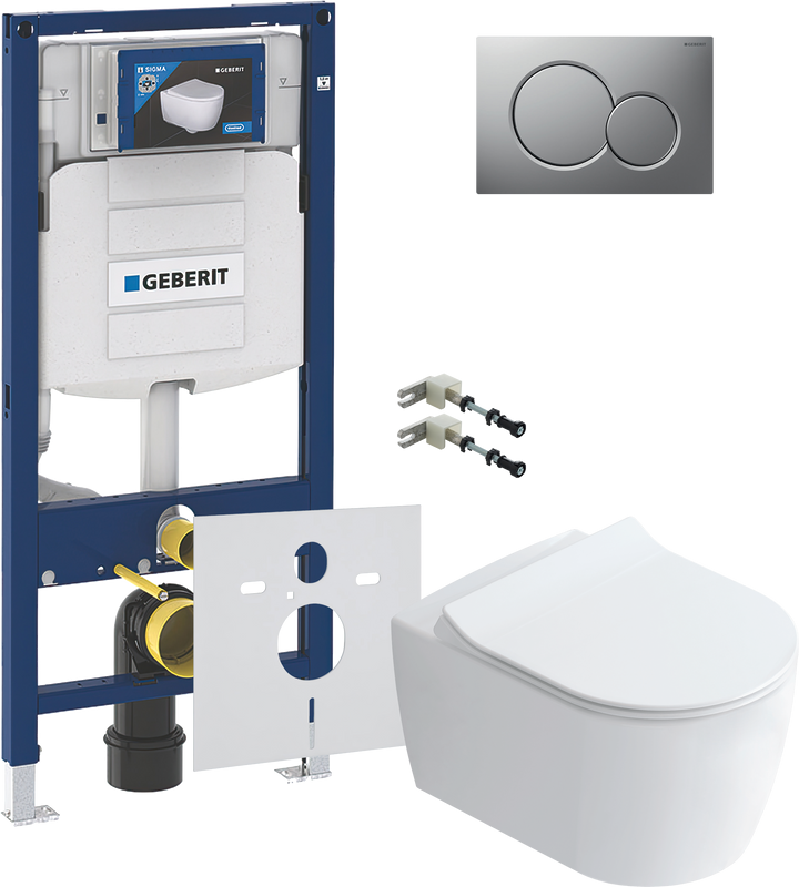 Комплект Унитаз подвесной STWORKI Ноттвиль SETK3104-2616 безободковый, с микролифтом, белый + Крепления Geberit Duofix 111.815.00.1 к стене + Звукоизоляция + Инсталляция UP 320 111.300.00.5 + Кнопка Sigma 01 115.770.JQ.5 лакированная, матовый хром