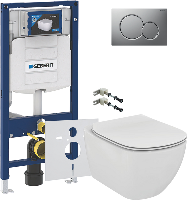 Комплект Унитаз подвесной Ideal Standard Tesi T354601 с микролифтом + Крепления Geberit Duofix 111.815.00.1 к стене + Звукоизоляция + Инсталляция UP 320 111.300.00.5 + Кнопка Sigma 01 115.770.JQ.5 лакированная, матовый хром