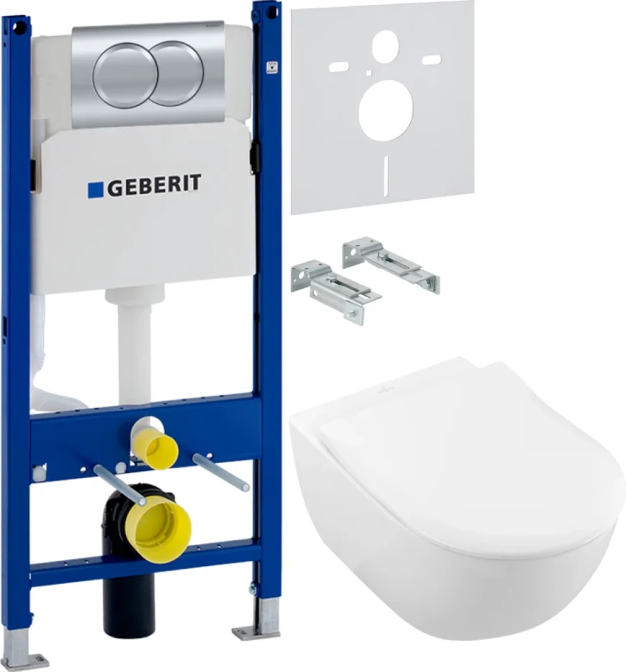 Комплект Унитаз подвесной Villeroy & Boch Subway 2.0 5614R201 alpin + Звукоизоляция Geberit + Инсталляция Duofix Delta 458.149.21.1 с кнопкой смыва, хром