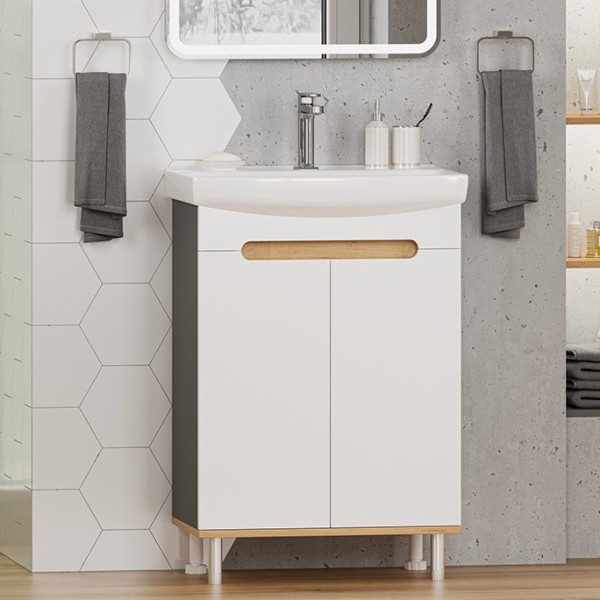 Тумба с раковиной Misty Сканди 60 напольная, белая, дуб крафт золотой, антрацит