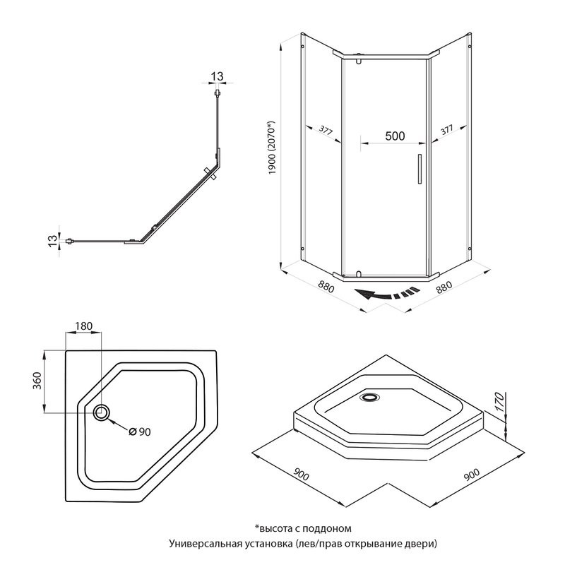 Душевой уголок Triton Дека Хром 90х90 см, с поддоном, профиль хром глянец, стекло прозрачное