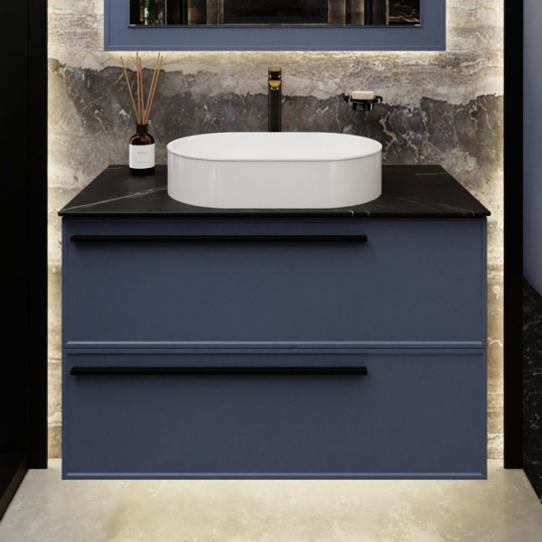 Тумба под раковину со столешницей La Fenice Elba Twin Blu Grigio 80 подвесная, синяя матовая, столешница черный мрамор